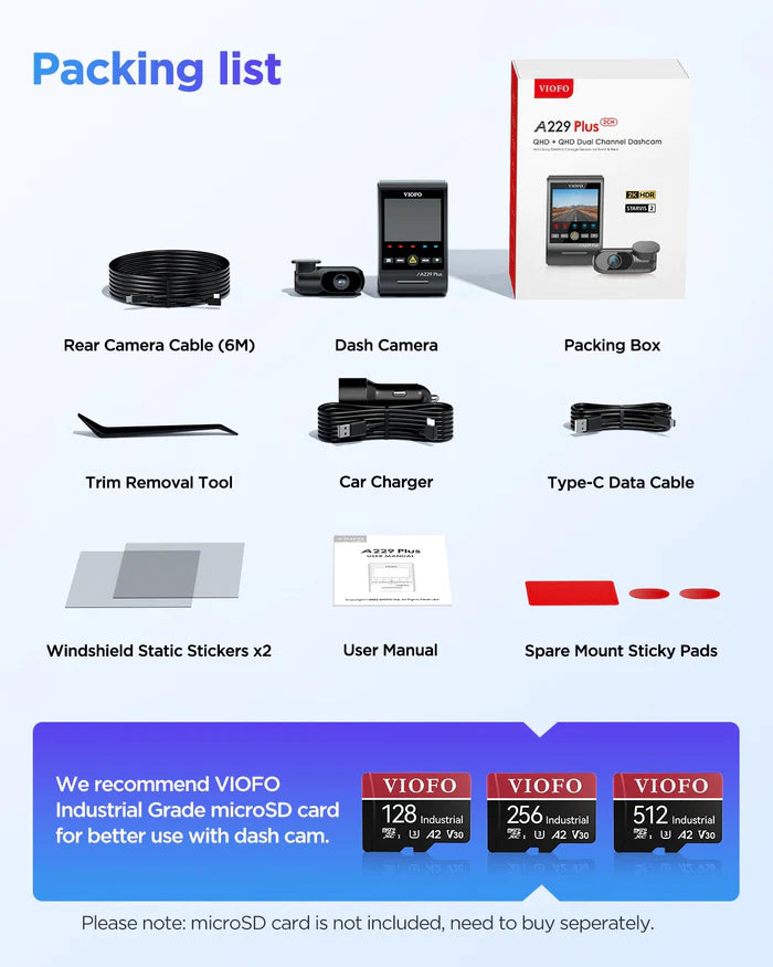 VIOFO A229 Plus 2CH 2K + 2K HDR Dual Dash Cam