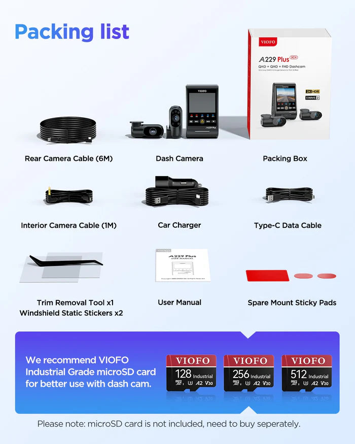 VIOFO A229 Plus 3CH 2K + 2K + 1080P HDR Triple Dash Cam