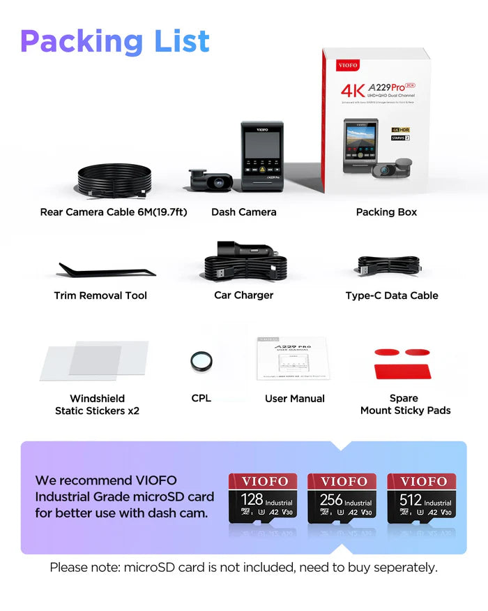 VIOFO A229 Pro 2CH 4K + 2K HDR Dual Dash Cam