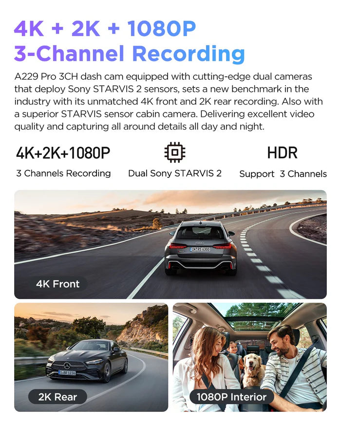VIOFO A229 PRO 3CH 4K + 2K + 1080P HDR Triple Dash Cam