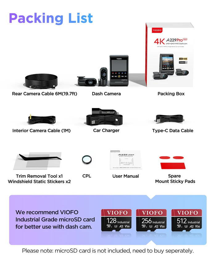 VIOFO A229 PRO 3CH 4K + 2K + 1080P HDR Triple Dash Cam