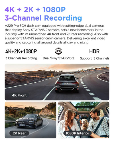 VIOFO A229 PRO 3CH 4K + 2K + 1080P HDR Triple Dash Cam