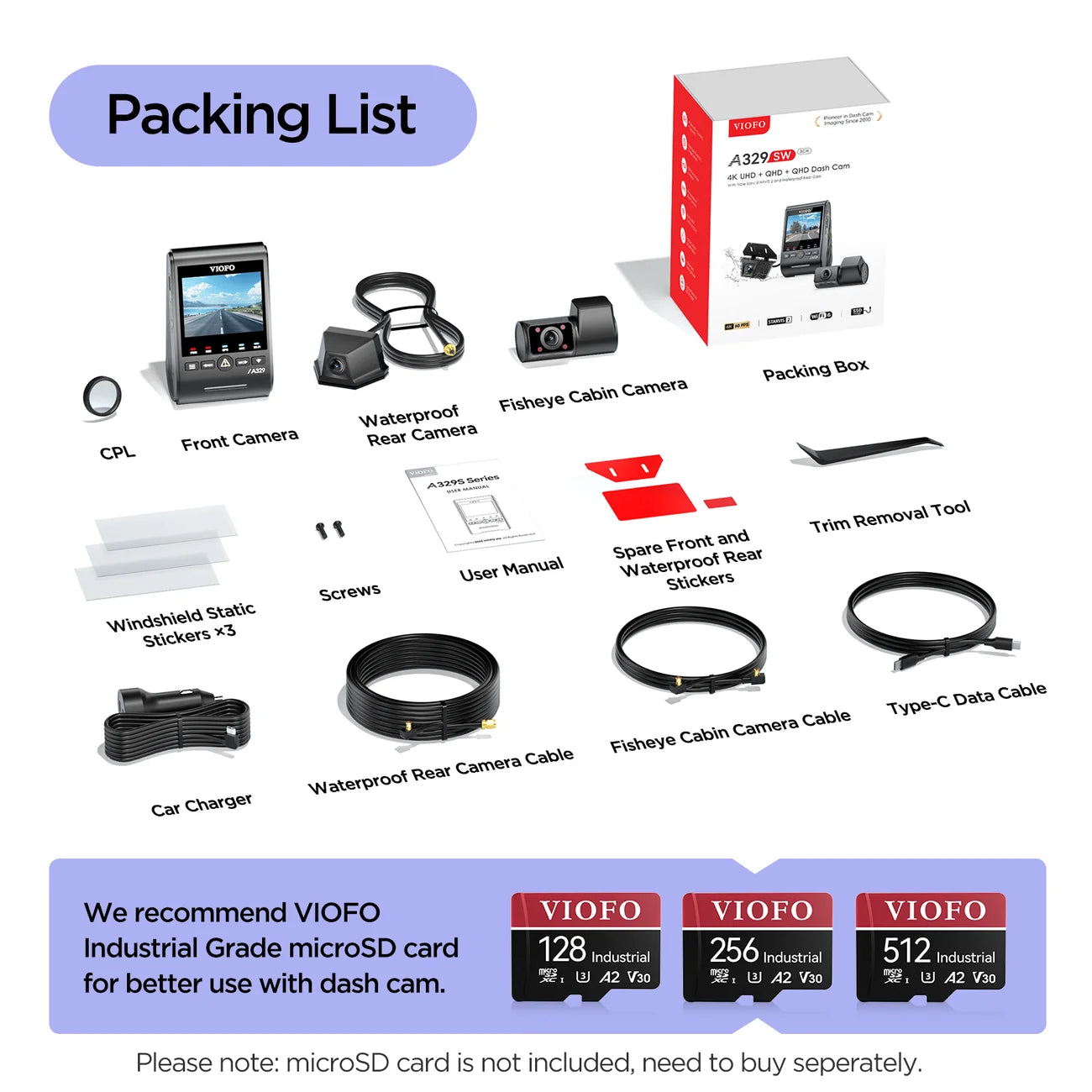 VIOFO A329SW 3-Channel 4K Front + 2K Waterproof Rear + 2K Infrared Cabin Dash Cam